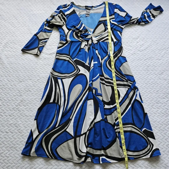 Bisou Bisou Blue Geometric Print Stretchy Dress Size 10 - Picture 6 of 10